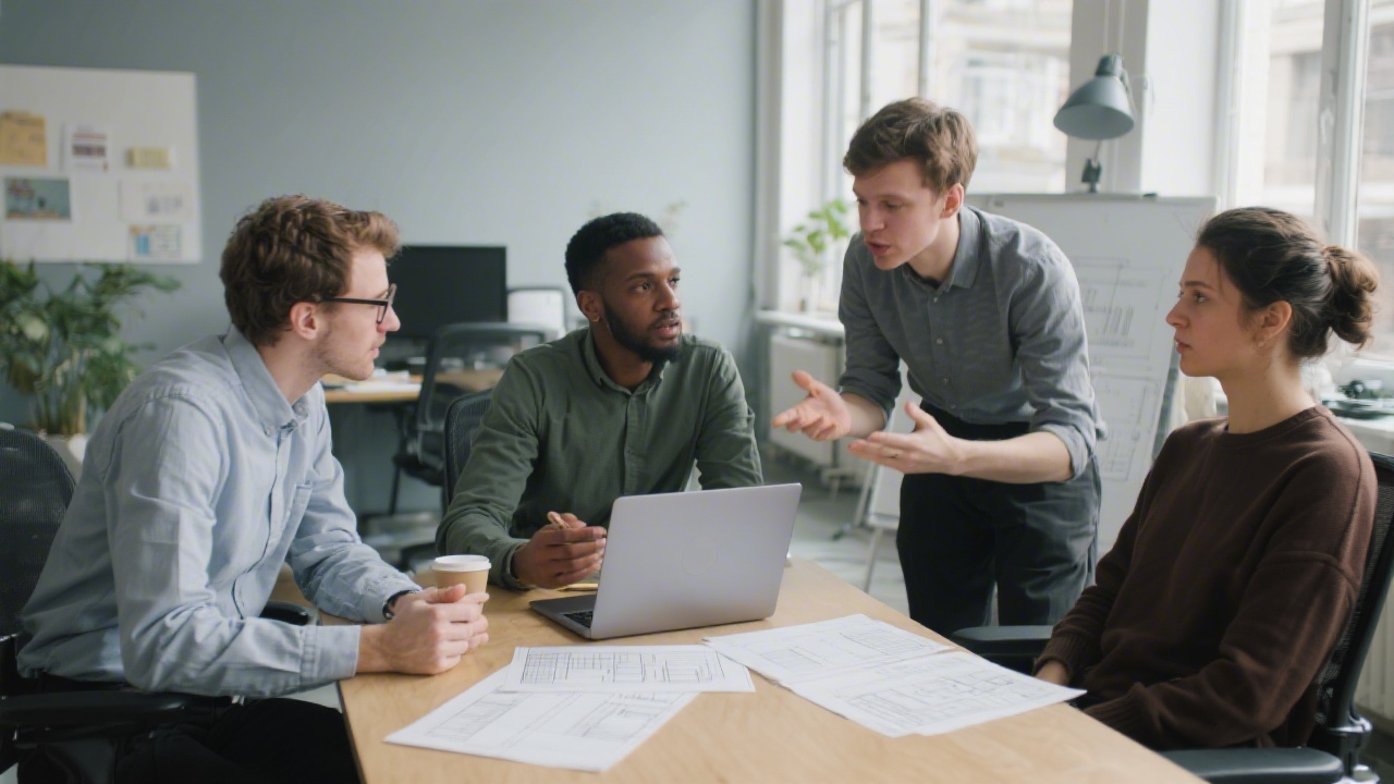 Small creative team meeting in modern office, discussing website wireframes on laptop and paper, showing collaborative and focused work environment