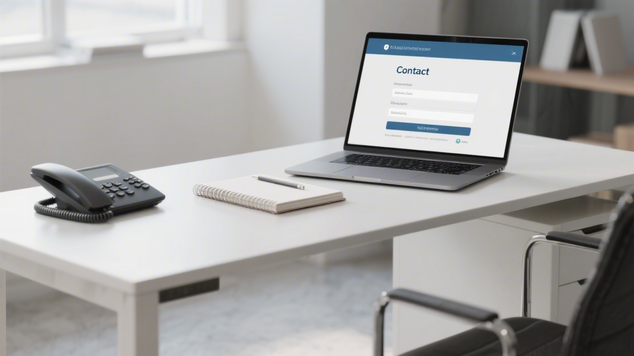 Modern office desk with phone, notebook and open laptop displaying contact form, representing approachable client communication