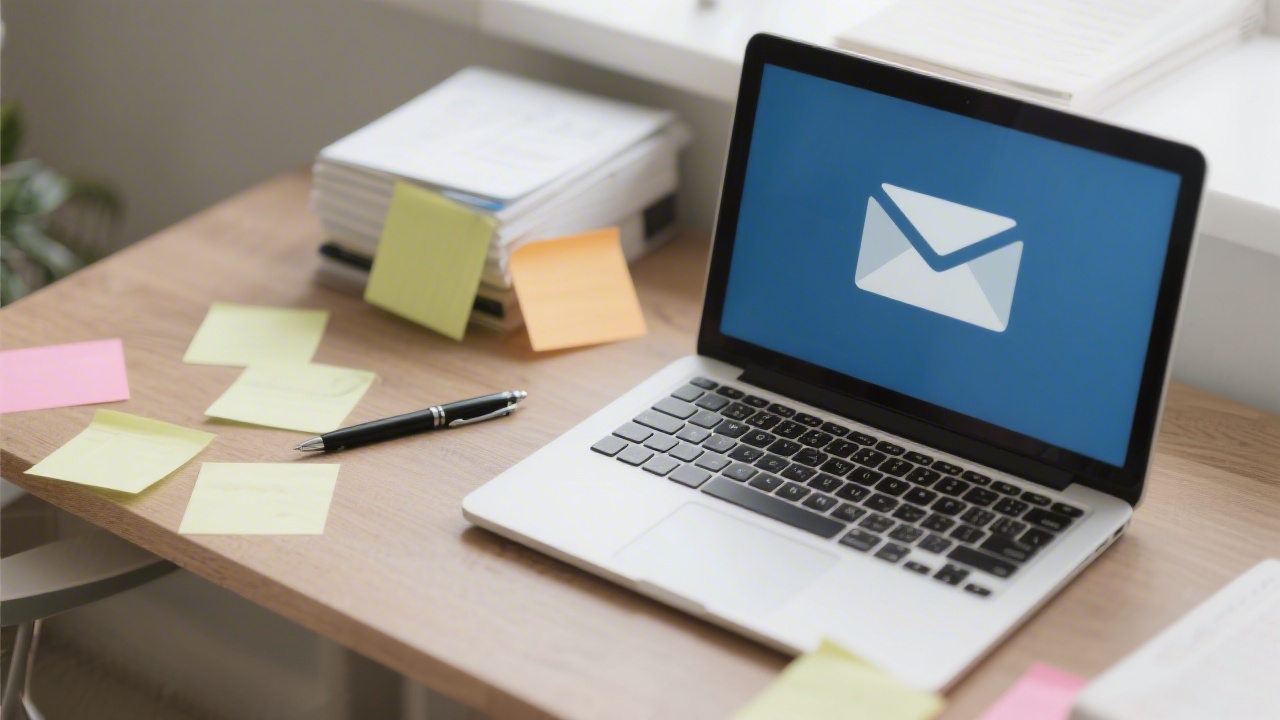 Desk with paper notes, pen and laptop showing email inbox, symbolizing structured communication and prompt responses