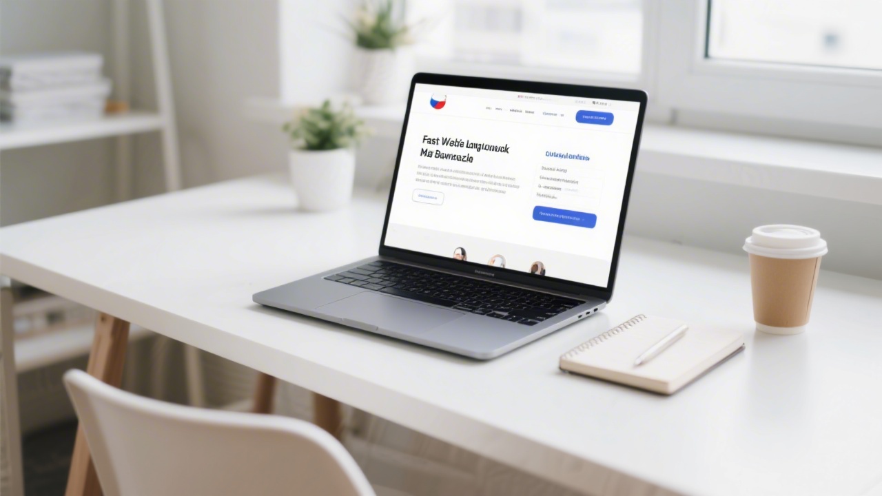 Bright modern workspace with laptop showing a clean website layout, notebook, and coffee, representing fast web launch for small business in Czech Republic