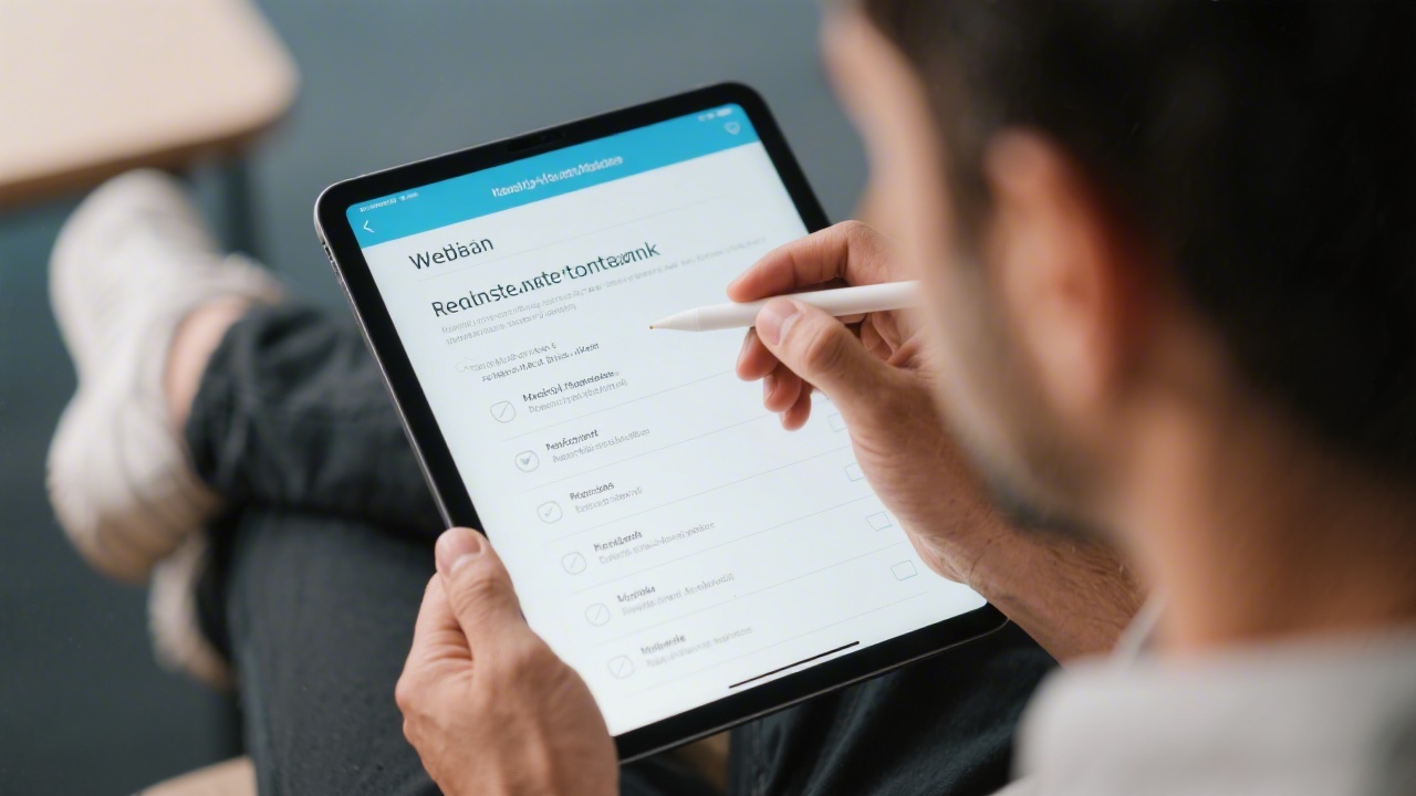 Person reviewing website content checklist on tablet, highlighting readiness for launch and structured MVP deliverables