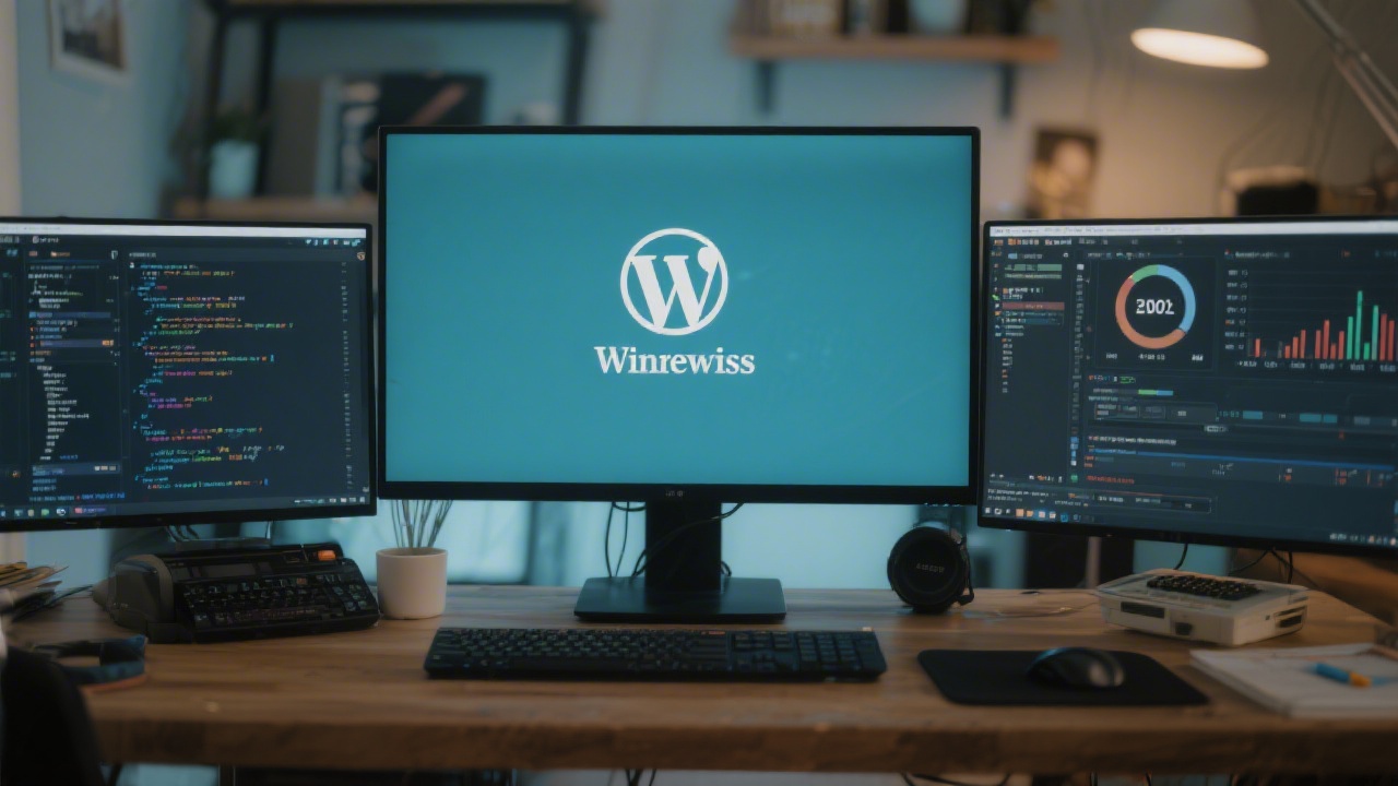 Developer desk with code editor, performance metrics and WordPress logo on screen, representing technical setup and speed optimization